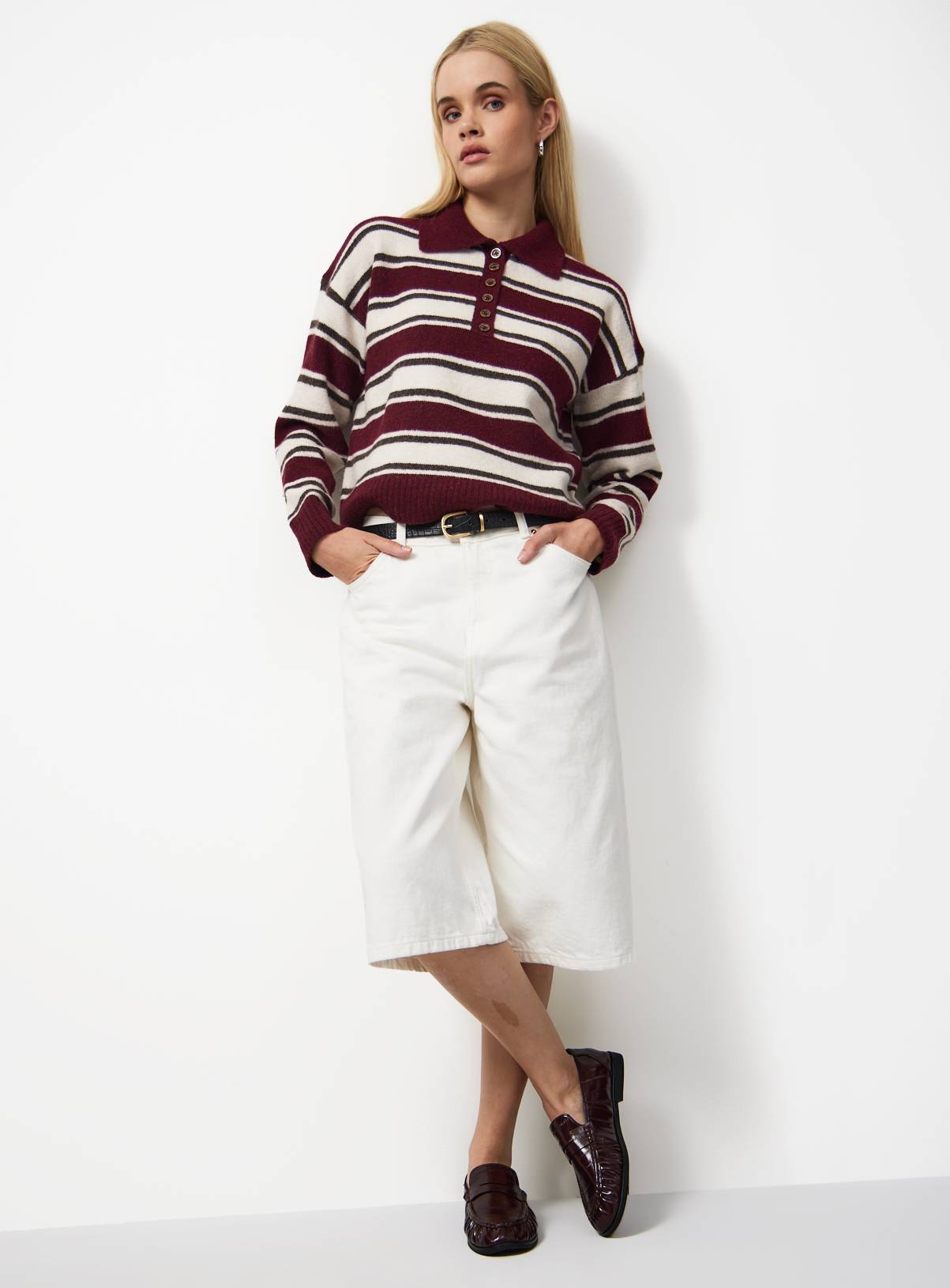 Burgundy Stripe Knitted Long Sleeve Polo Jumper S - Image 2